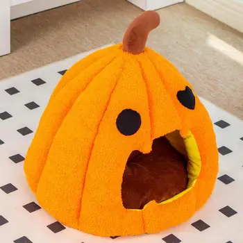 Pumpkin Cat Bed Warm Sleeping Bed with Removable Cushion Semi-Enclosed Cat House Tent Cute Soft Cave For Cats Small Dogs 2