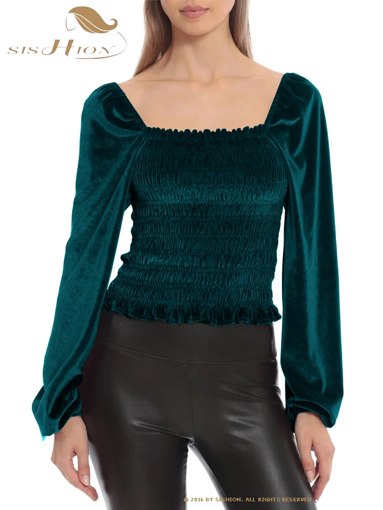 

SISHION 2023 Casual Women Autumn Tops Long Sleeve T Shirt VD4189 Black Red Blue Green Loose Lantern Velvet T-shirt Blouse