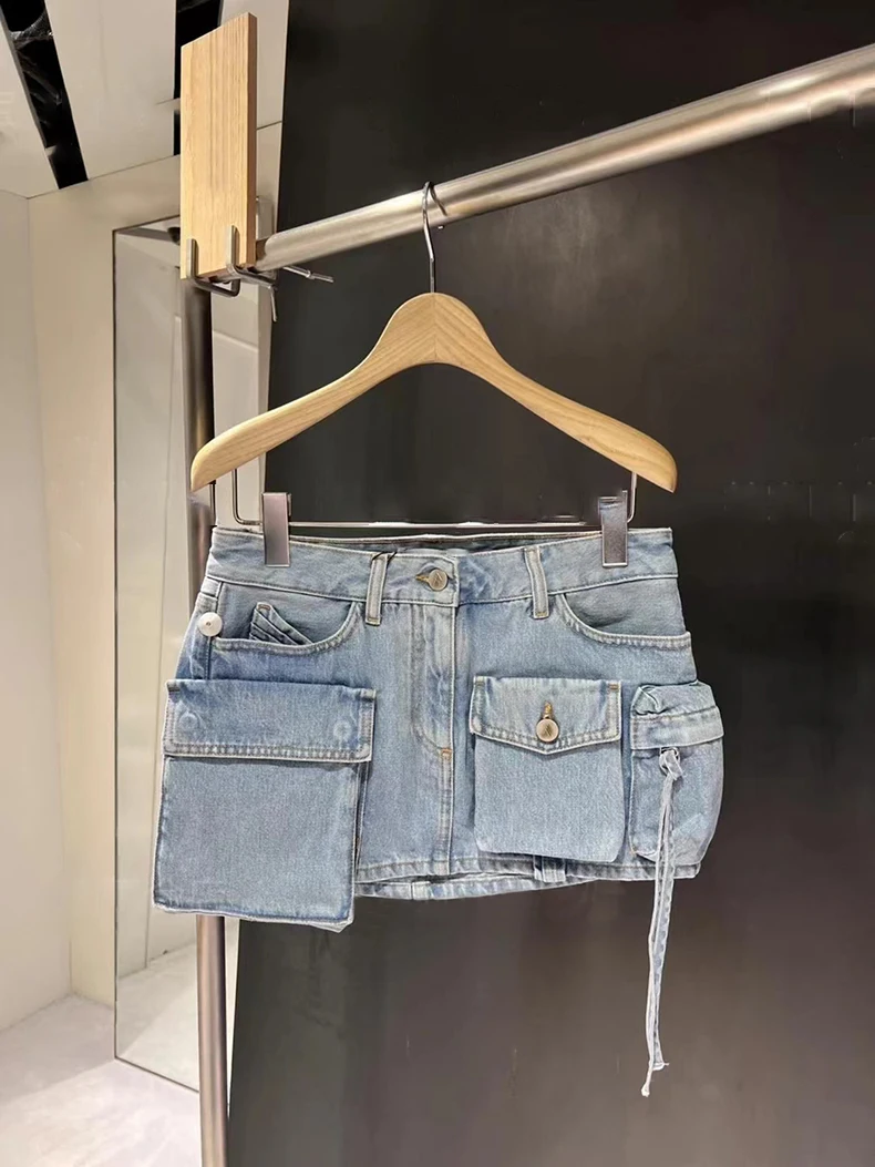 

Pocket design denim skirt half skirt niche 2023 spring and summer new tooling stitching A-line skirt