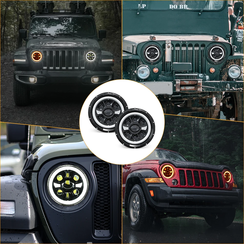 DRL 4x4 7inch Round Headlight with High/Low Beam Turn Signal Jeep Crystal Len 4