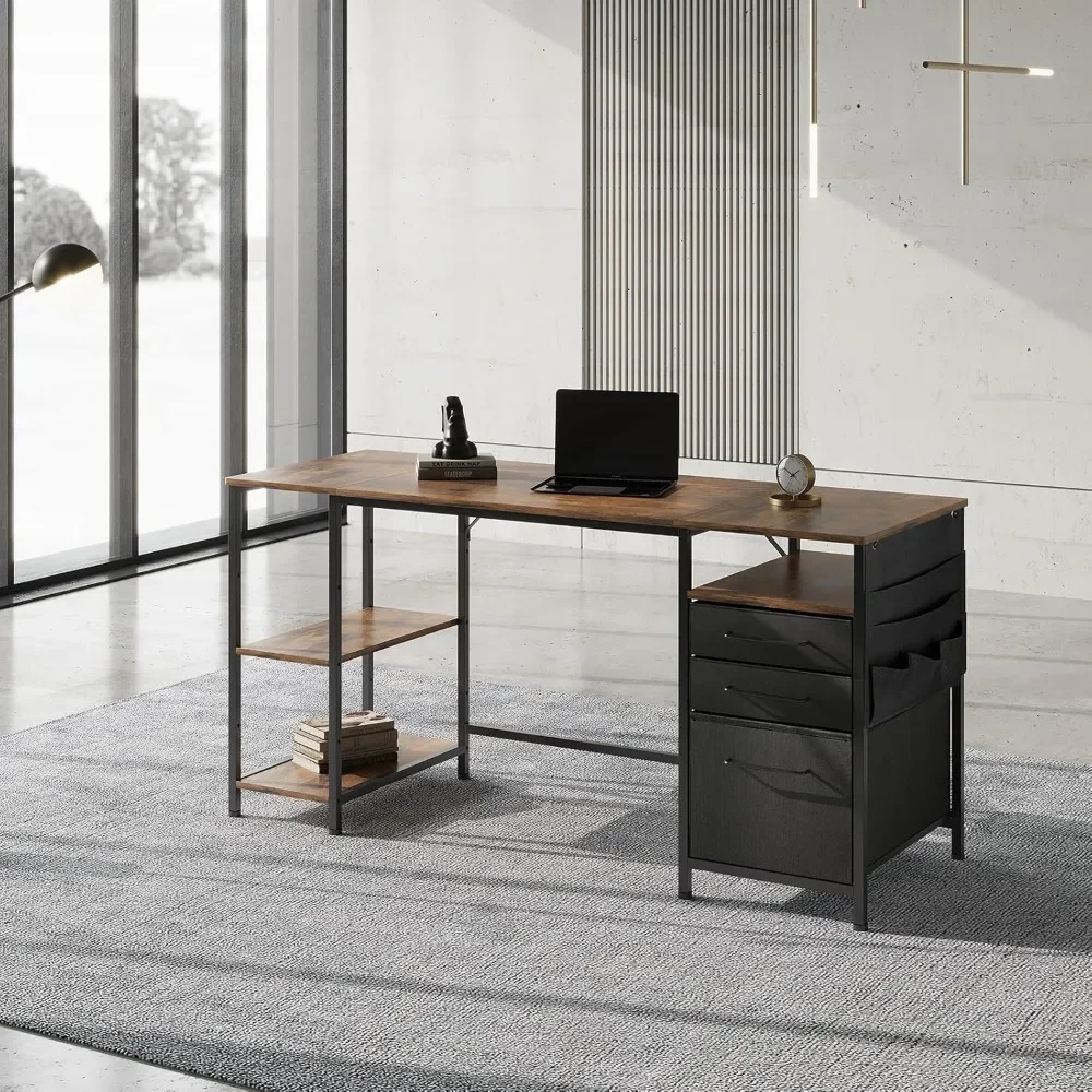 Home Office Desk with Drawers Adjustable Shelves, 59 inch Writing Desk with File Cabinet, Large Computer Desk with Storage