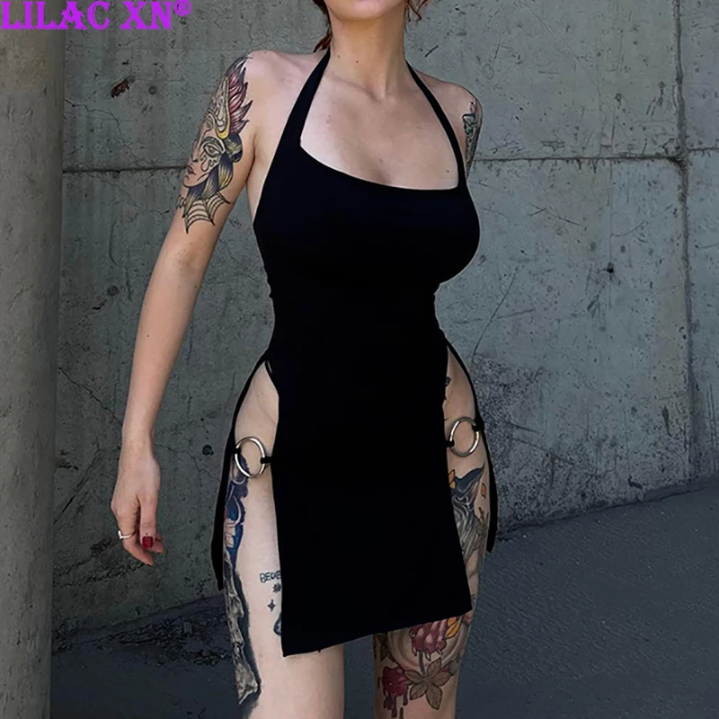 

Goth Sexy High Slit Backless Halter Bodycon Party Dresses Y2K Black Hollow Out Mini Dress Women Summer Club Dresses Streetwear