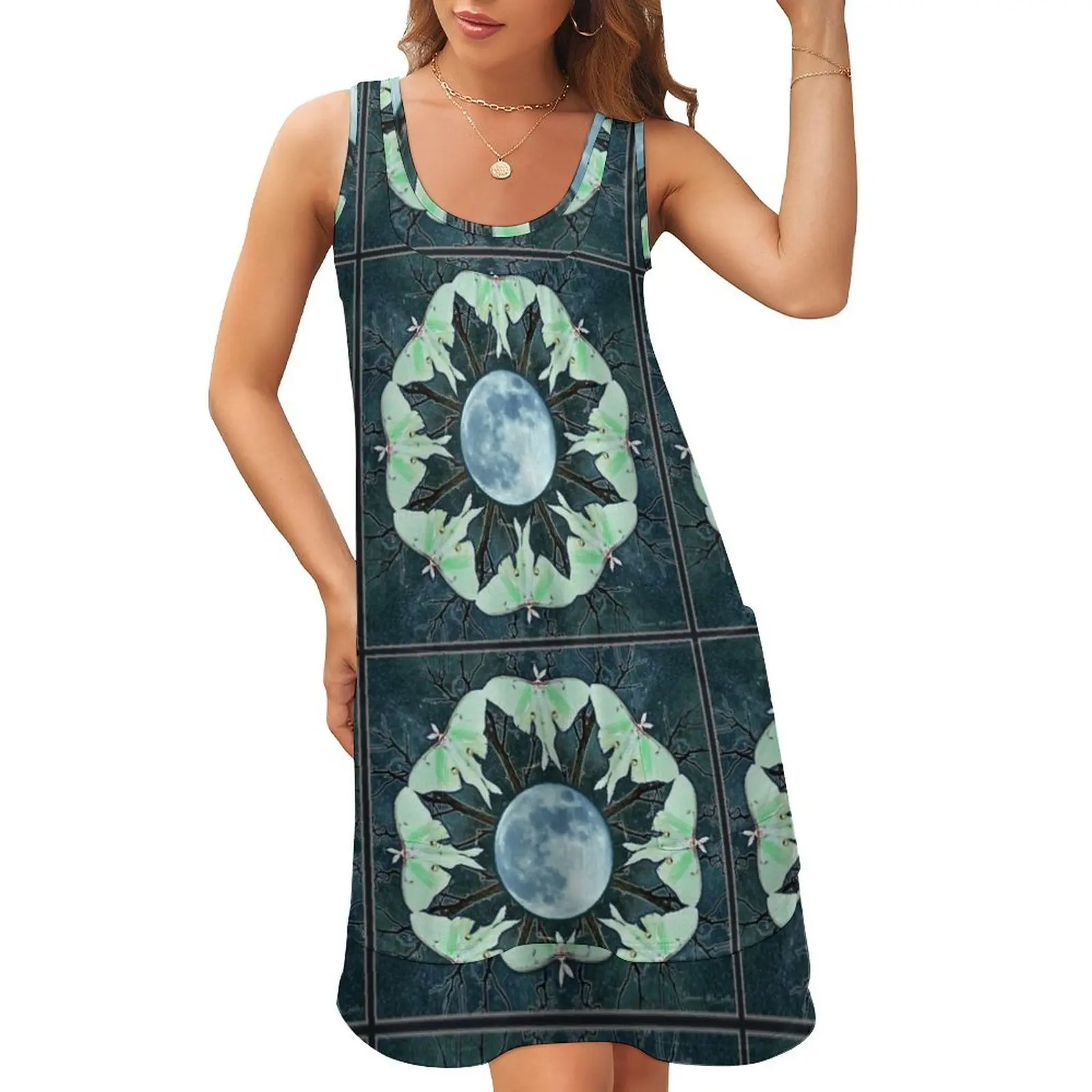 

Luna Moth and Full Moon Mandala Sleeveless U-Neck Fake Two Piece Dress summer dress for women 2024 dresses women summer 2024