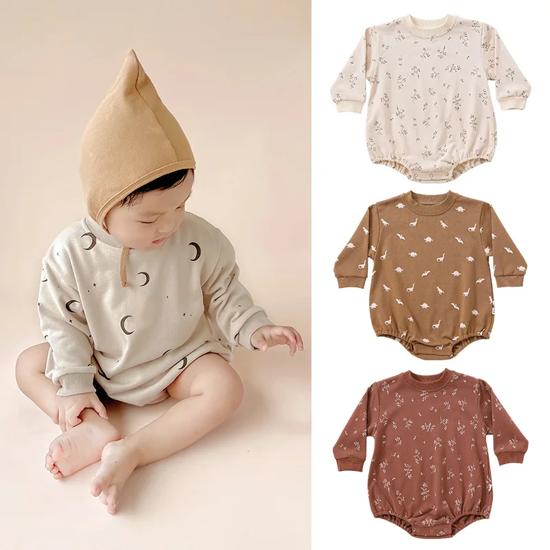 

INS Baby Boys Girl Clothes Newborn Bodysuit Spring Long Sleeve Cotton Jumpsuit Cartoon Dinosaur/Moon Print For Kids Clothing