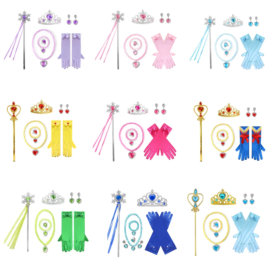 Girls Blue Elsa Cinderella Snow White Aurora Princess Accessory for Cosplay Dresses Bowknot Gloves Crown Wand Neacklace Bracelet cosplay accessories,children jewelry set
