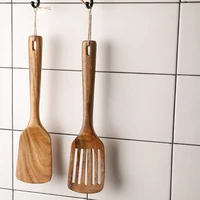 Ensemble de spatules en teck de 2 spatules en bois pour la cuisine, ustensiles de cuisine antiadhésifs à Long manche, ustensiles de cuisine à fente résistants à la chaleur 5