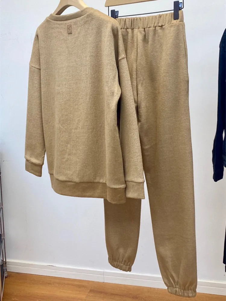 

Женский шерстяной костюм с вышивкой, свитшот с круглым вырезом и длинными рукавами или длинные спортивные брюки с поясом на резинке, осень 2023