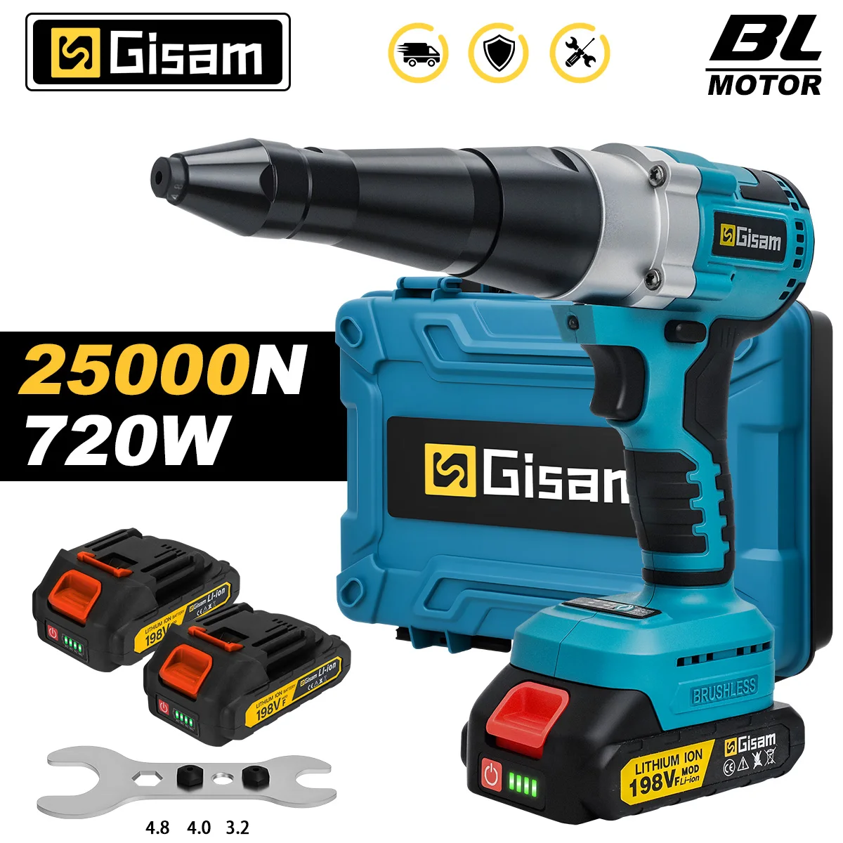 GISAM Brushless Electric Rivet Gun, 20000N 720W cordless rivet and nut gun 2.4–4.8mm, drill insert power tool compatible with Makita 18V battery