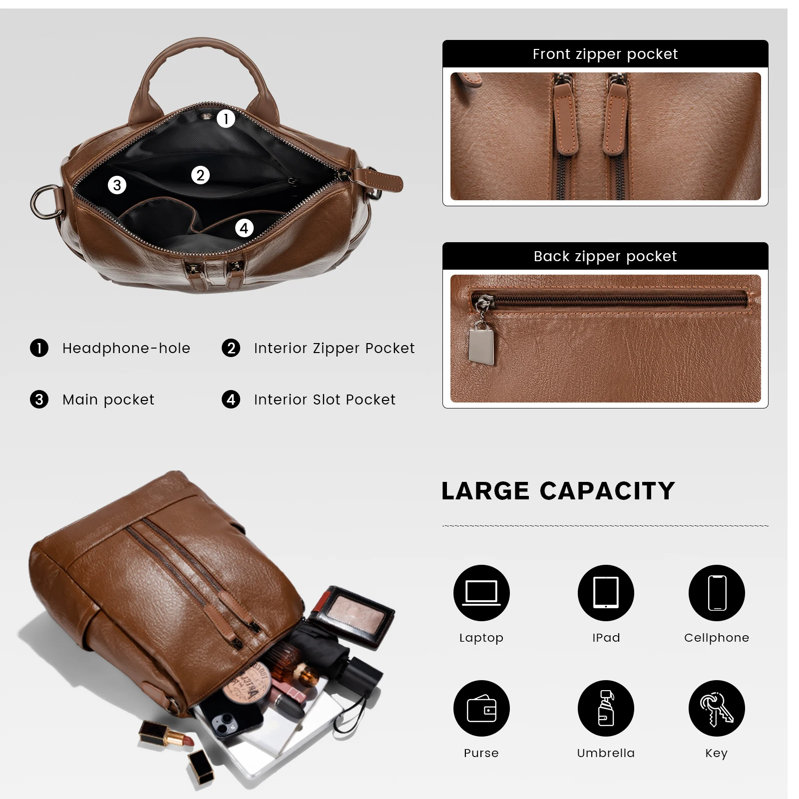 molshine Retro Vegan Leather Backpack, Large Shoulder Bag, Crossbody Bag for Women Lady Girl Shopping Work Travel HB039