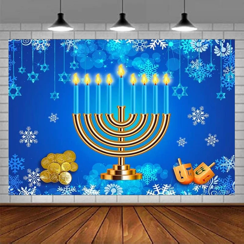 Hanukkah Fotografia Sfondo Chanukah Dreidels Stars Torah Snowflake Sfondo Blu Israele Decorazione Del Partito Cake Table Banner