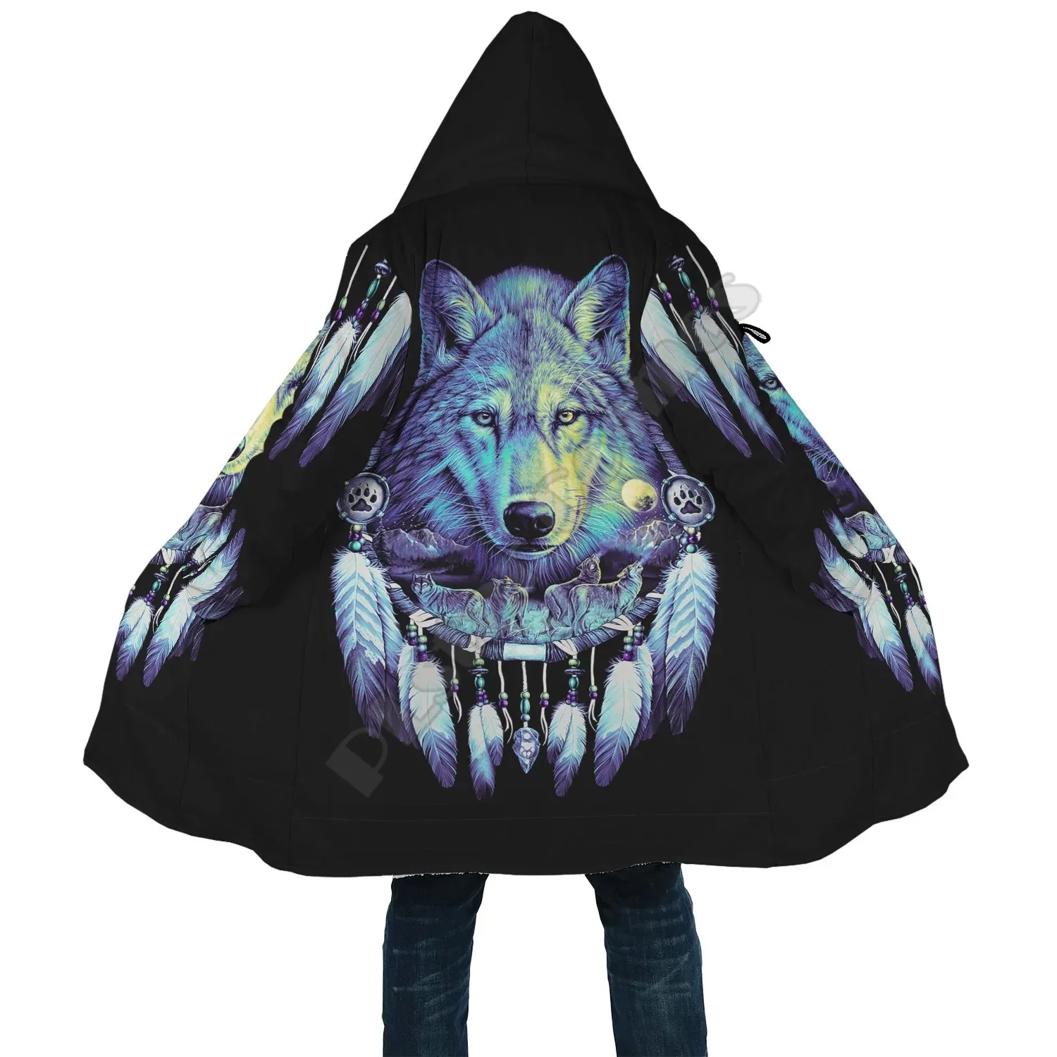 Warriors Native Wolf Cloak 3D Printed Winter Hooded Cloaks Fleece Wind Breaker Unisex Warm Overcoat native wolf white