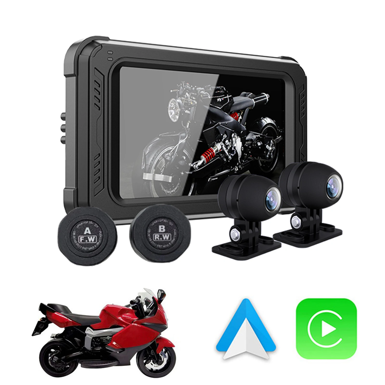 

Motorcycle GPS Navigator 5inch Waterproof Screen Support Wireless Car Play Android Auto Bluetooth Selectable Dual 1080P Cameras