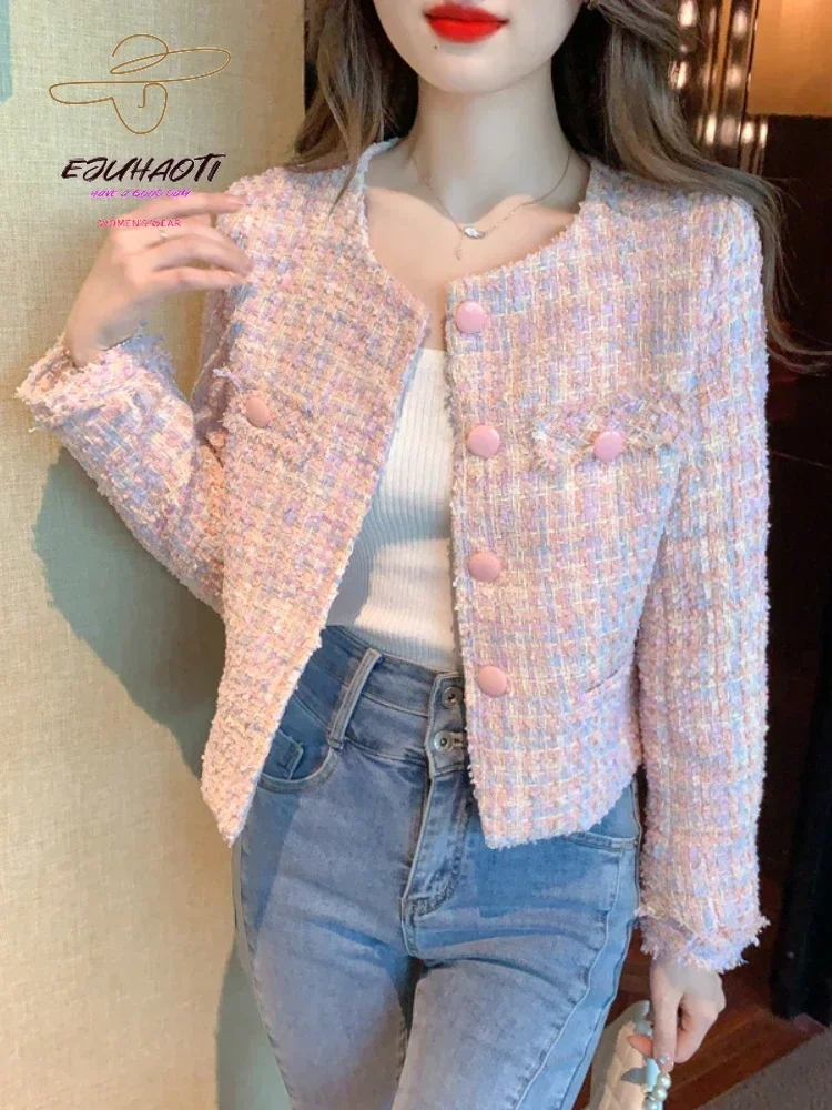 

Women's Jacket Autumn Winter New Pink Tweed Small Fragrance Coat Short Korean Fashion Advanced Sense Temperament Tops Cardigan