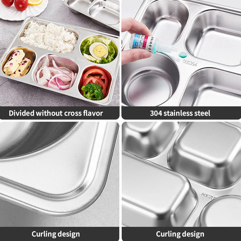 304 Stainless Steel Dinner Plate Square Thickened Deepening Children Students Lunch Box Tableware 1pc