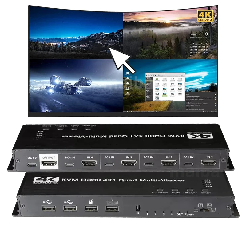 

4K HDMI KVM Multiviewer Switch 4x1 HDMI Quad Screen Real Time Multi Viewer USB Switcher 4 in 1 out for 4 PC Share Mouse Keyboard