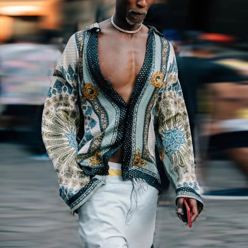 Spring and Autumn classic printed long sleeve Shirt Men's casual street long Sleeve T loose printed Top