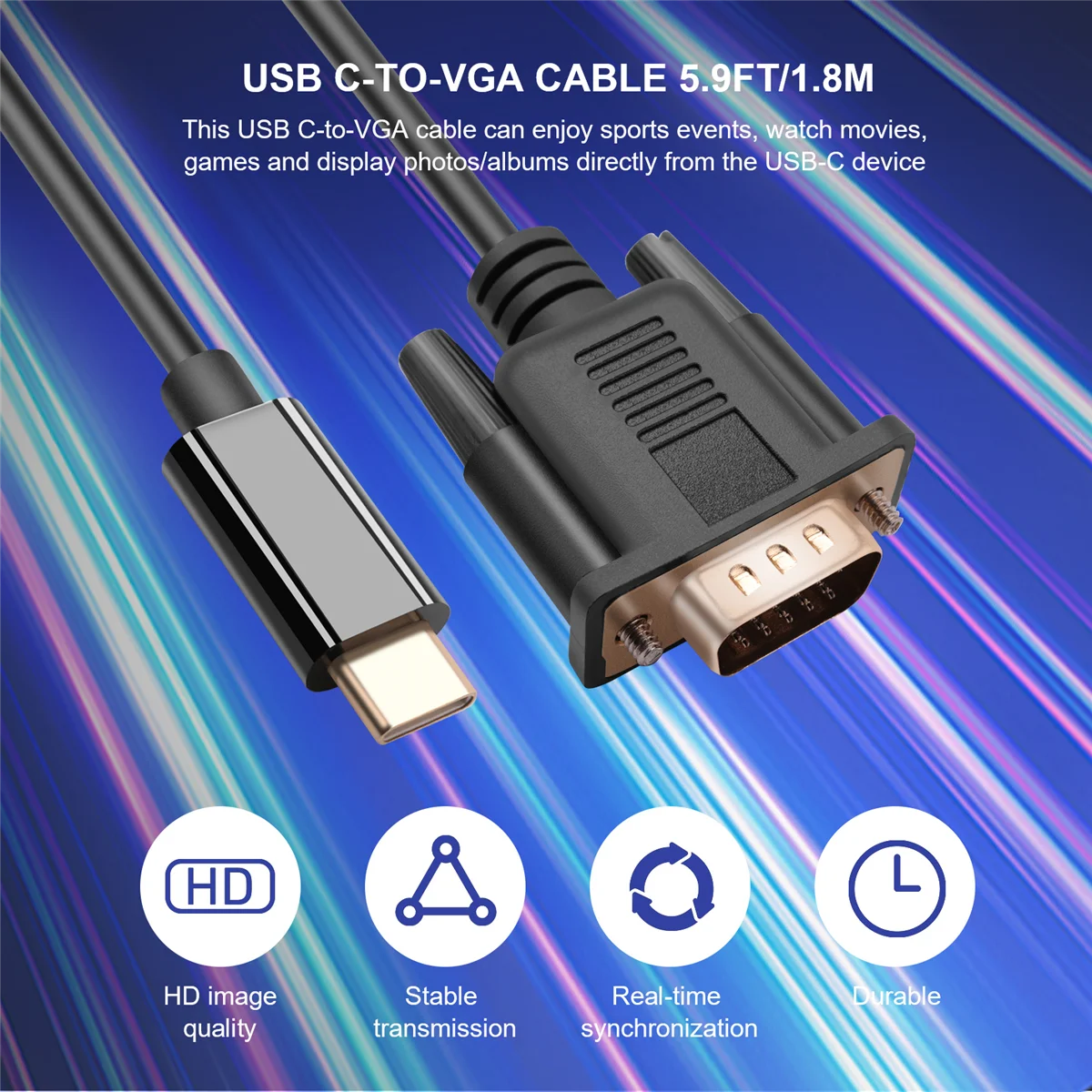 USB C타입 VGA 케이블, USB 3.1 장치에 적합, HP 등에 적합, 5.9 피트, 1.8m