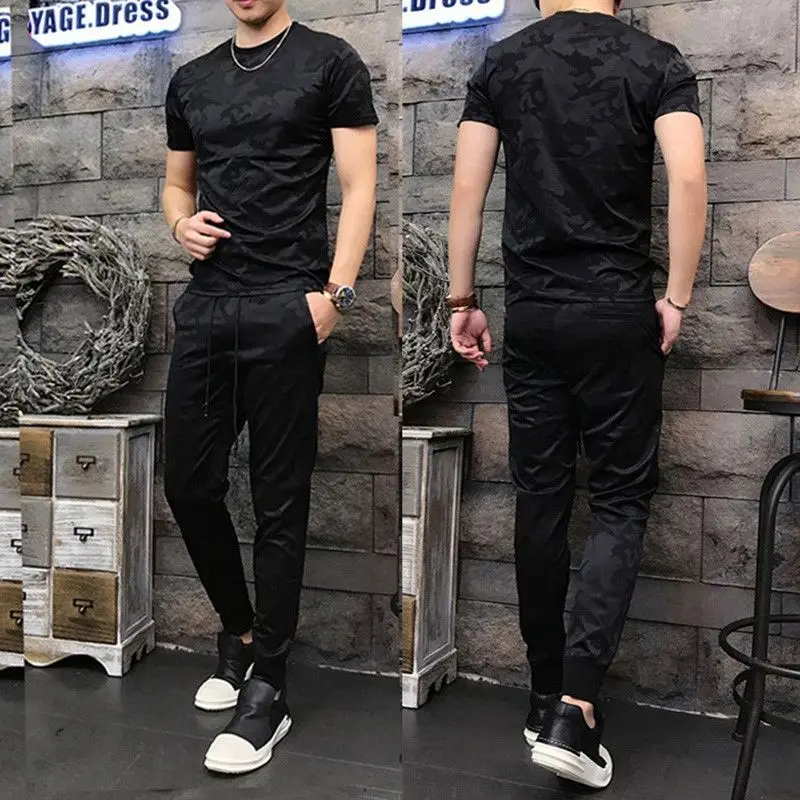 Black Dark Pattern Camouflage Men's Suit, Korean Style Fashion Round Neck T-shirt and Trousers, Summer Outdoor Short Clothing