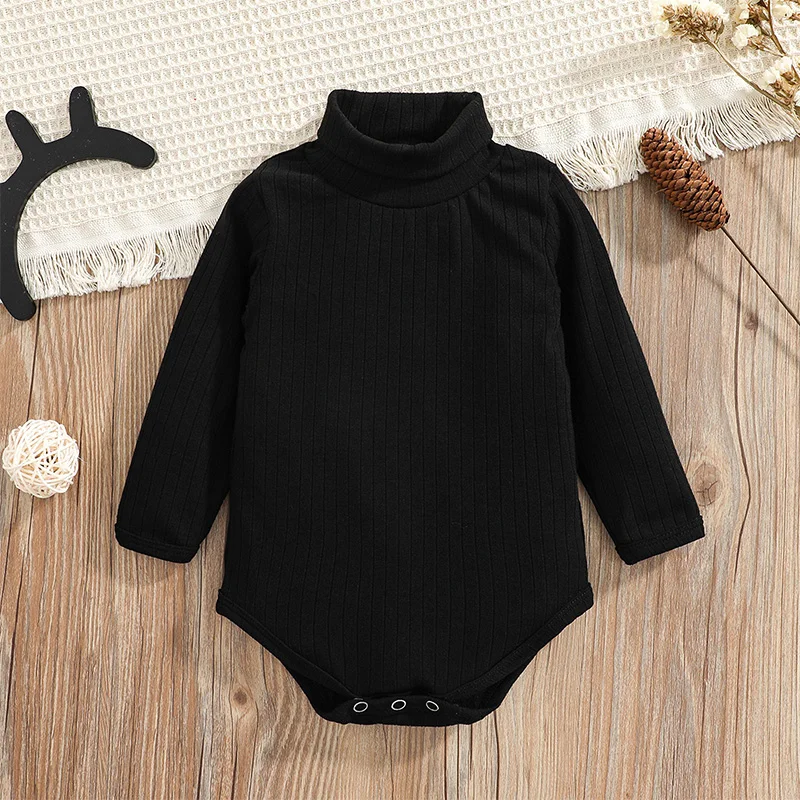 

Baby Girls Autumn Knit Romper Infant Black Long Sleeve Turtleneck Ribbed Playsuit