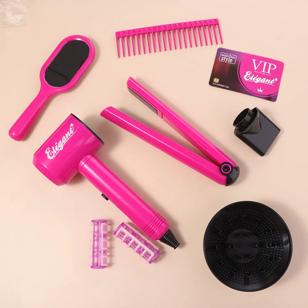 9/13/17Pcs Princess Dress Up Hair Dryer and Haircut Toy Kit Straight Hair Stick Blow Dryer Hair Salon Toy Kit Curler