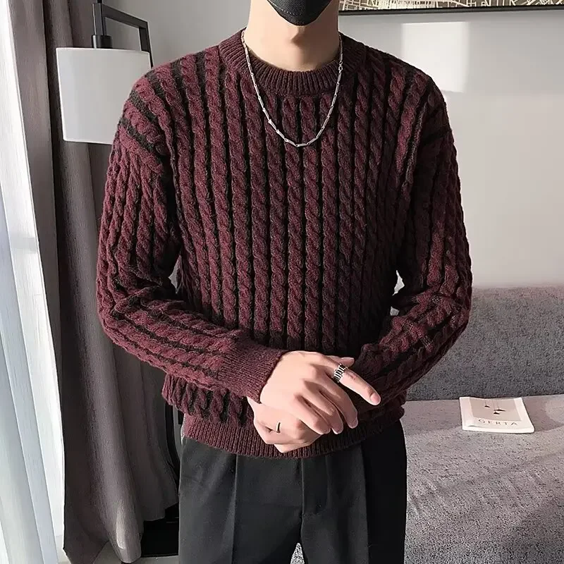 High Quality Striped Jacquard Sweater Men Winter Thicken Warm Round Neck Knit Pullover Casual Business Knitwear Tops Streetwear 6