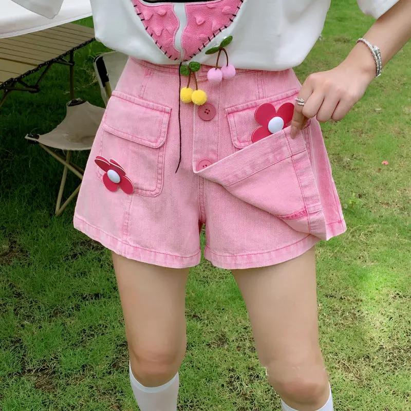 Small Flower Breasted High Waisted Denim Short Skirt for Women in Summer Loose Wide Leg Versatile A-line Spicy Girl