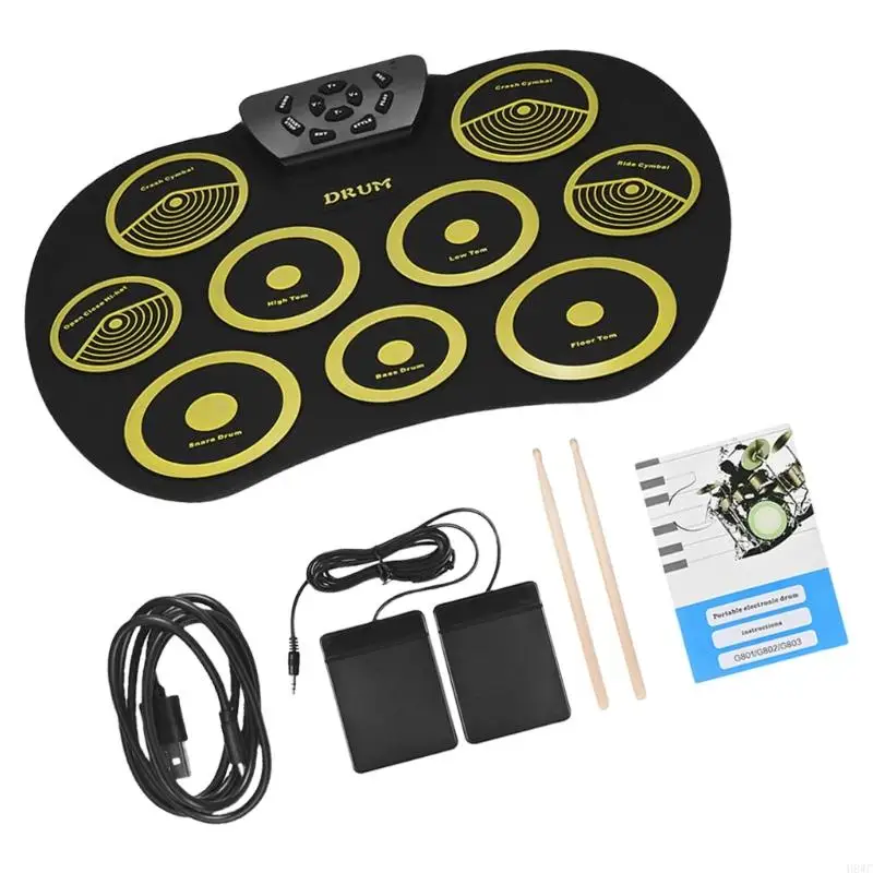 H8WC Electric Drum Set 9 Drums Kids Practice Pad Electronic Drum Set with Built in Speakers, Sticks, Headphone Out