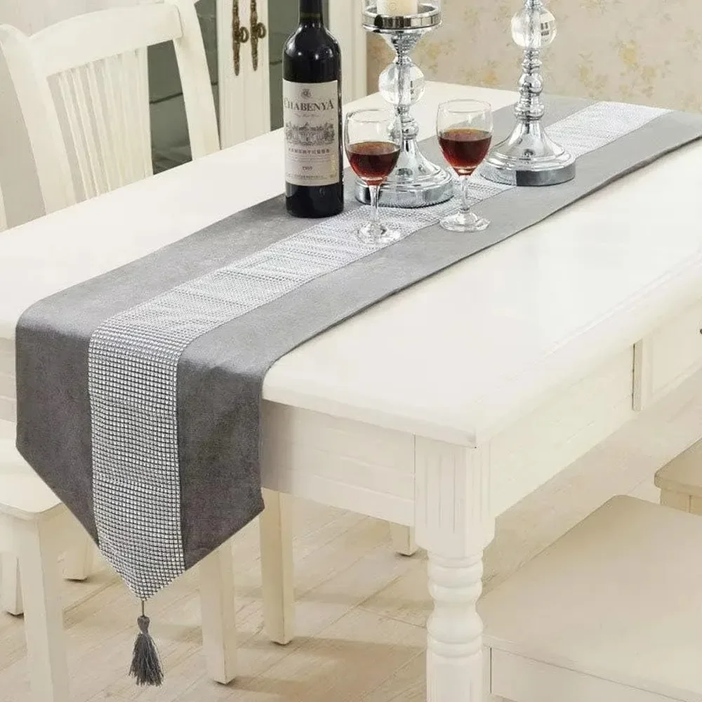 Velvet Diamante Table Runner European Tasseled Flannel Table Runner Wedding Party Mat Decorate Accessories 31x183cm,cotton table runner