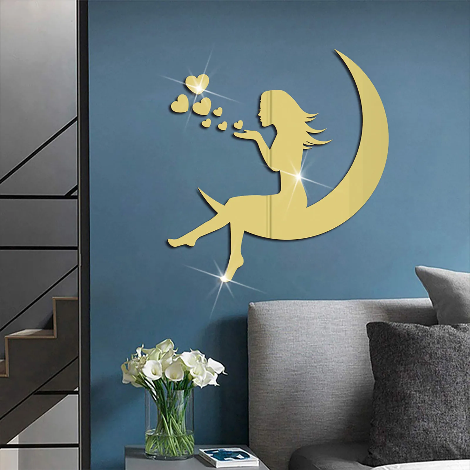 Wall Sticker Mirror Wall Sticker Acrylic Wall Sticker 3d Girl On Moon Mirror Stickers Valentine's Day Wallpaper Acrylic Waterproof Self-Adhesive Paper For Living Room