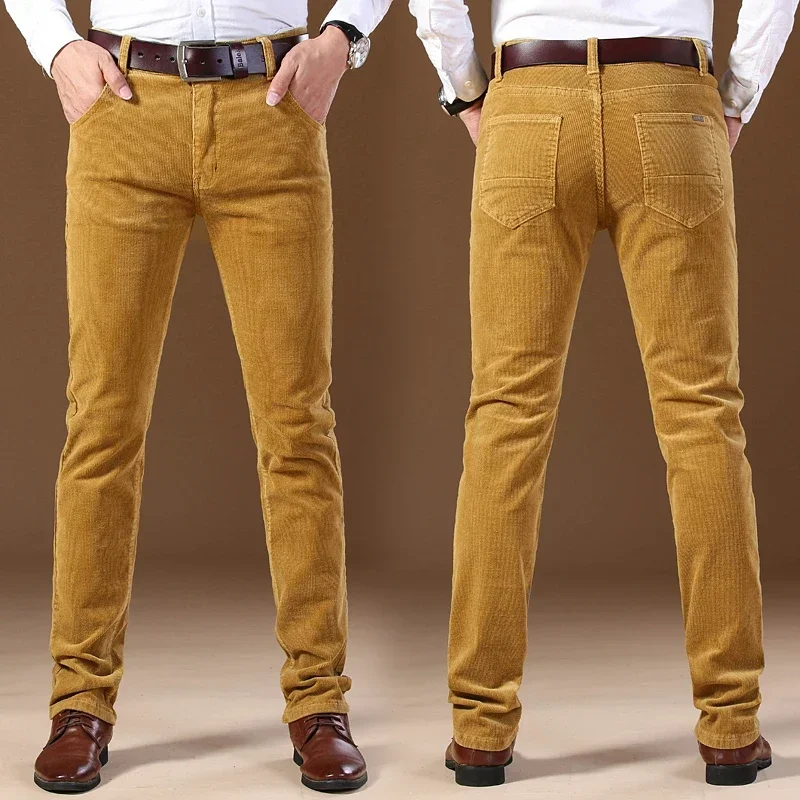 2023 Winter Men's Corduroy Casual Pants Business Fashion Solid Color Elastic Regular Fit Trousers Male Black Khaki Coffee Blue 3