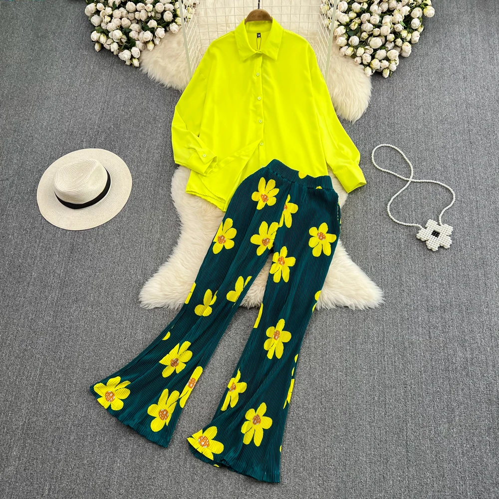 

Fashion Suit Women Loose Single Breasted Long Sleeve Shirt Casual Pants High Waist Printed Flared Pants Two Piece Set