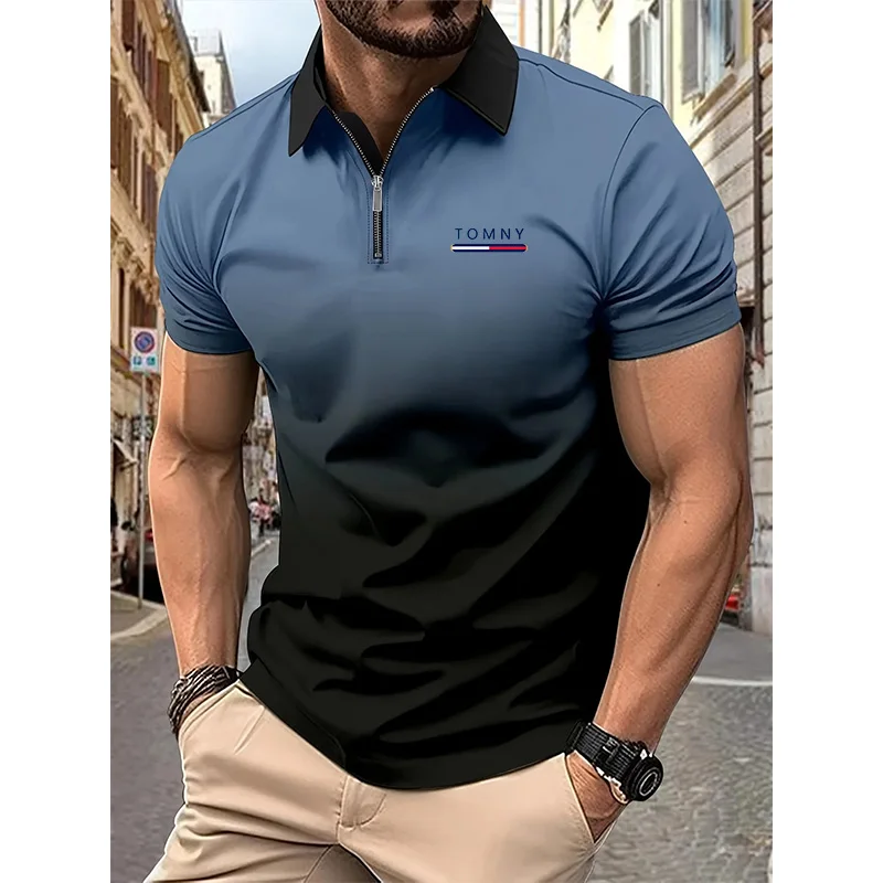 Description Picture 4 of itemSummer short-sleeved men's T-shirt Polo shirt lapel Polo shirt gradient pattern printed street short-sleeved printed clothing