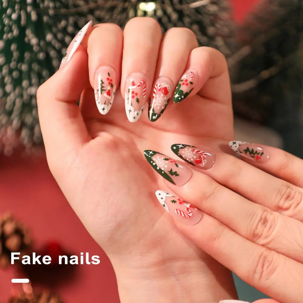 

Christmas Artificial Nails Christmas-themed Almond-shaped Press-on Nails Snowflake Tree Star Candy Print Full Cover for Women