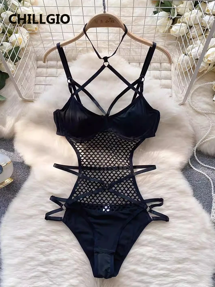 

CHILLGIO Women Sexy Hollow Mesh Strappy Bodysuits Bodycon Solid Catsuits Ins Tight Fashion One Piece Combination Onesie Lingerie