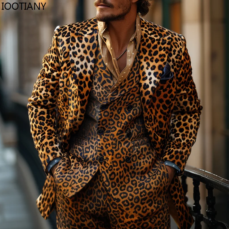 Men Suit Two-piece Blazer With Pants Leopard 3D Printed For Party