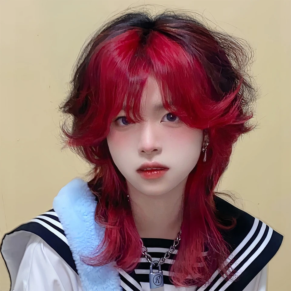 Capelli ricci tinti neri e rossi coda di lupo Cosplay acconciatura Anime  capelli corti freschi e belli Mullet grigio testa di pesce frangia divisa -  AliExpress, image size:960x960