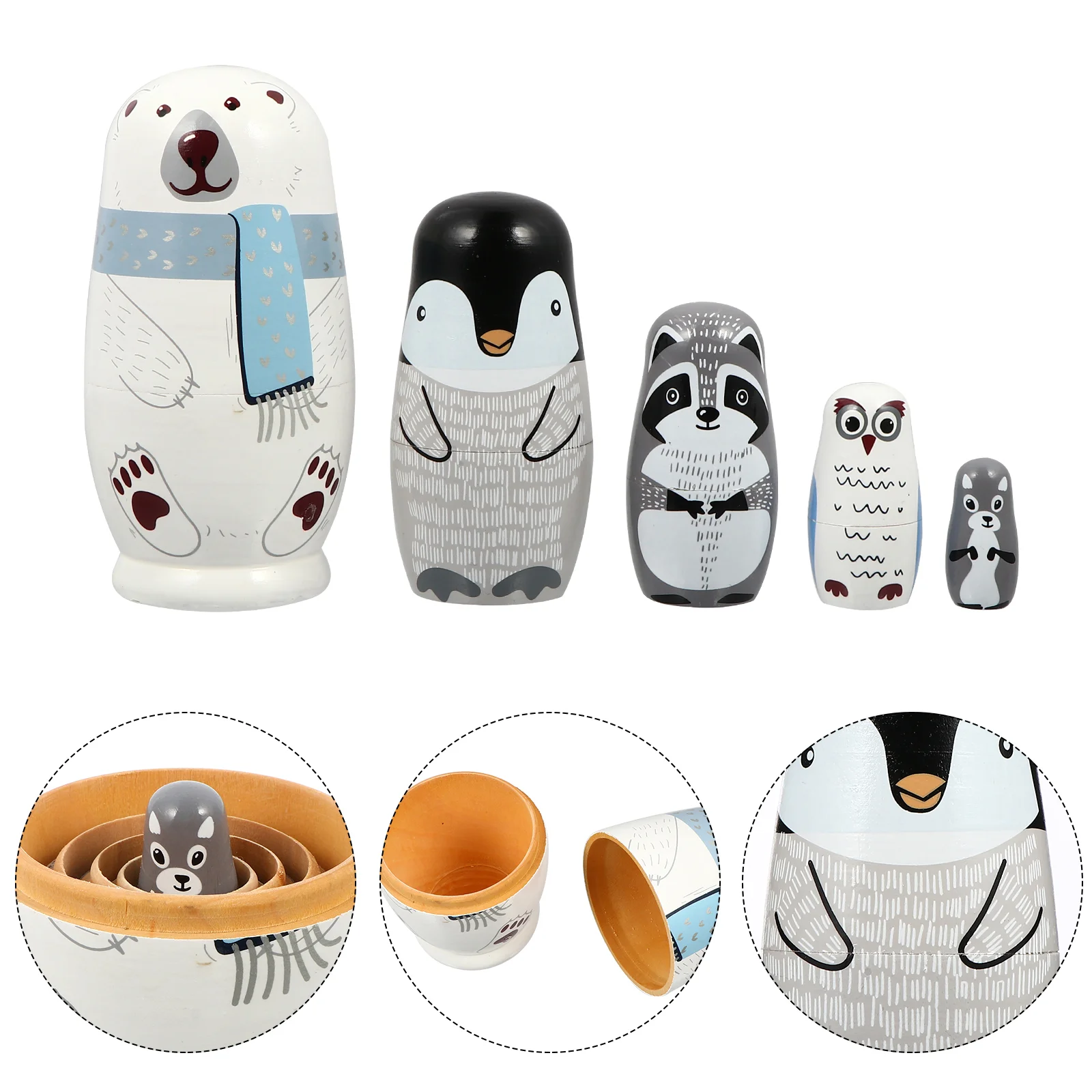 

White Bear Matryoshka Stacking Toy Wooden Stacking Christmas Penguin Nesting Basswood Animal Wooden