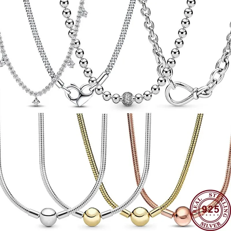 Hot Selling 925 Sterling Silver Classic Love Heart Snake Shaped Original Women's Logo Necklace For Fashionable DIY Charm Jewelry hot selling 925 silver shining ginkgo batwing magic love heart logo leopard pattern beads for original women s diy charm jewelry