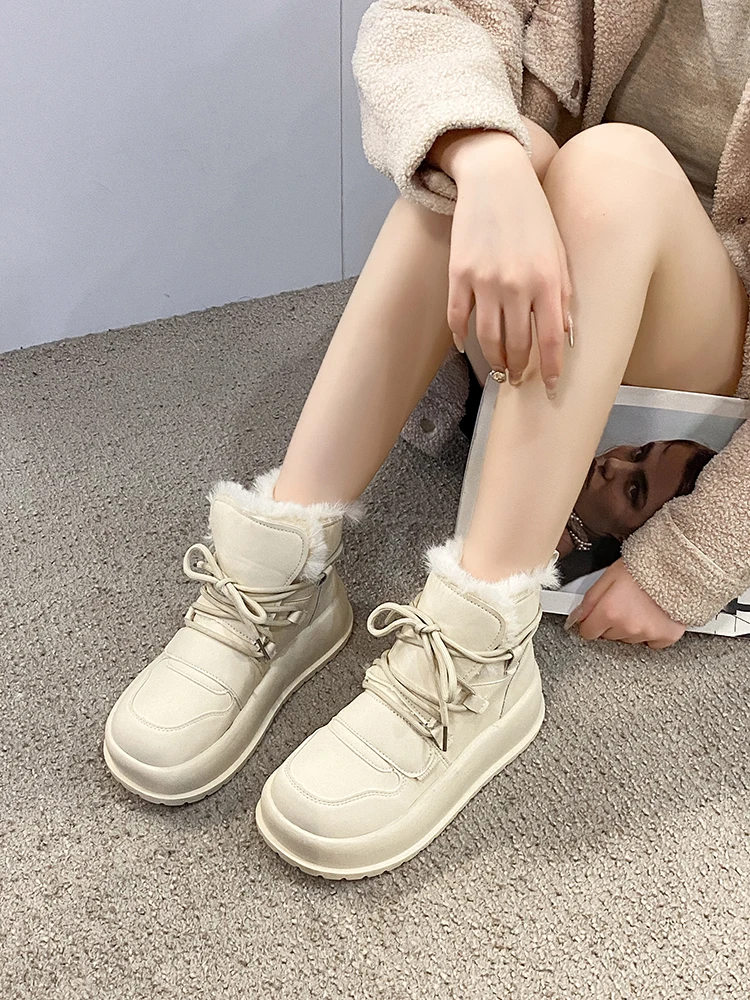 

Boots Women New 2023 Female Shoes Lace Up Australia Plush Flat Heel Round Toe Winter Footwear Med Leather Ladies Snow Fur Rubber