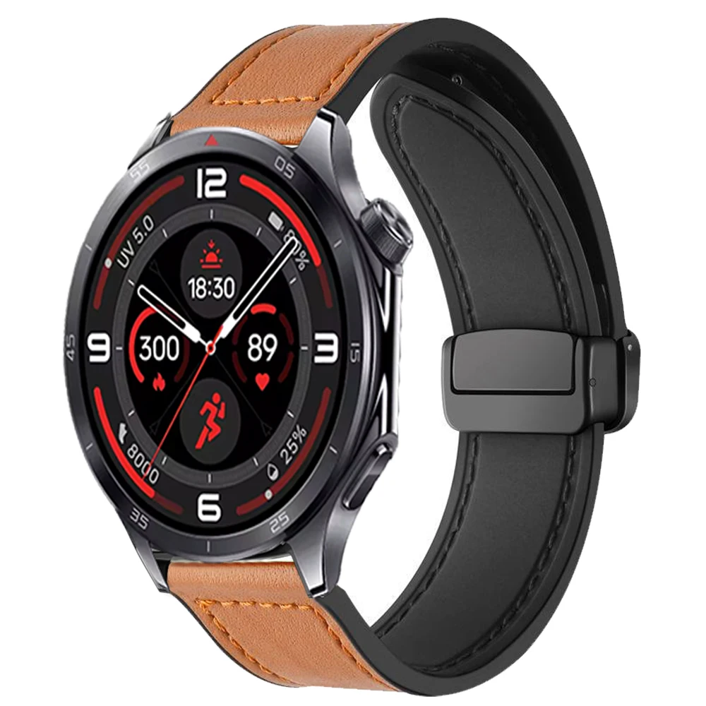 Premium Silicone and Leather Magnetic Buckle Replacement Wristband, 20mm/22mm
