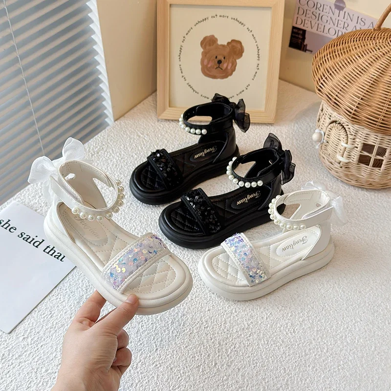 Kids Pearl Sequin High Top Sandals for Wedding Party
