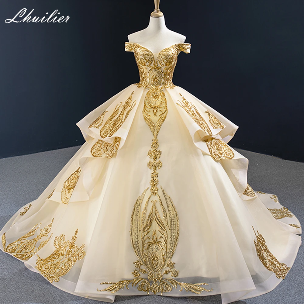 

Lhuilier Boat Neck Ball Gown Sequined Wedding Dresses Floor Length Off the Shoulder Tulle Bridal Dress with Chapel Train