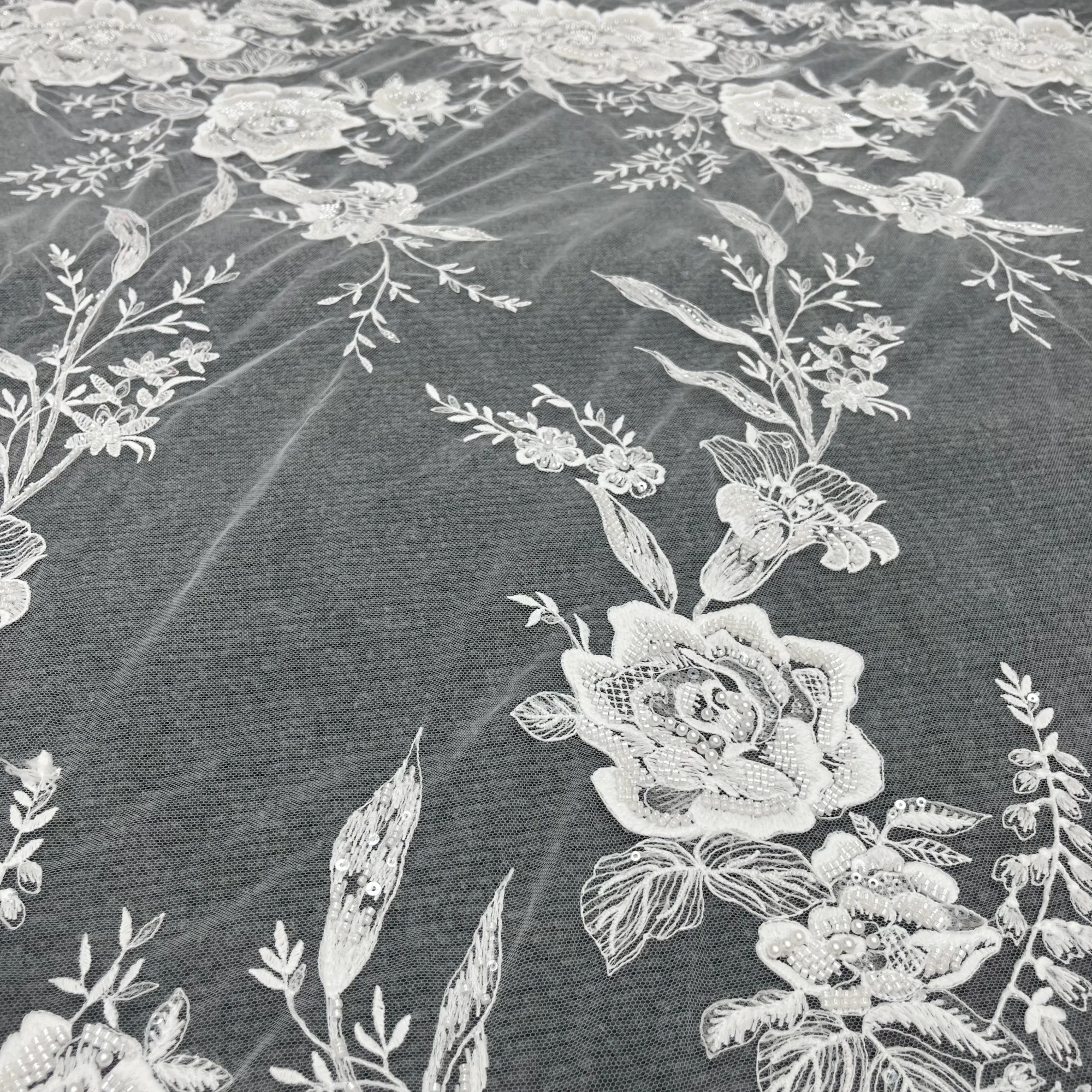 Exquisite Floral Pattern Sequins Beads Embroidery High-Grade Private Customized Wedding Lace Fabrics