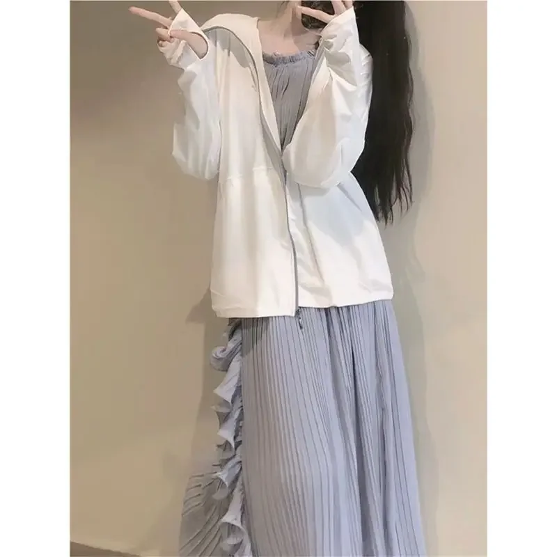 순수 욕망 미적인 자외선 차단 여성 의류, 트렌디한 지퍼 가디건, 후드 경량 재킷, 한국 스타일 여름 패션