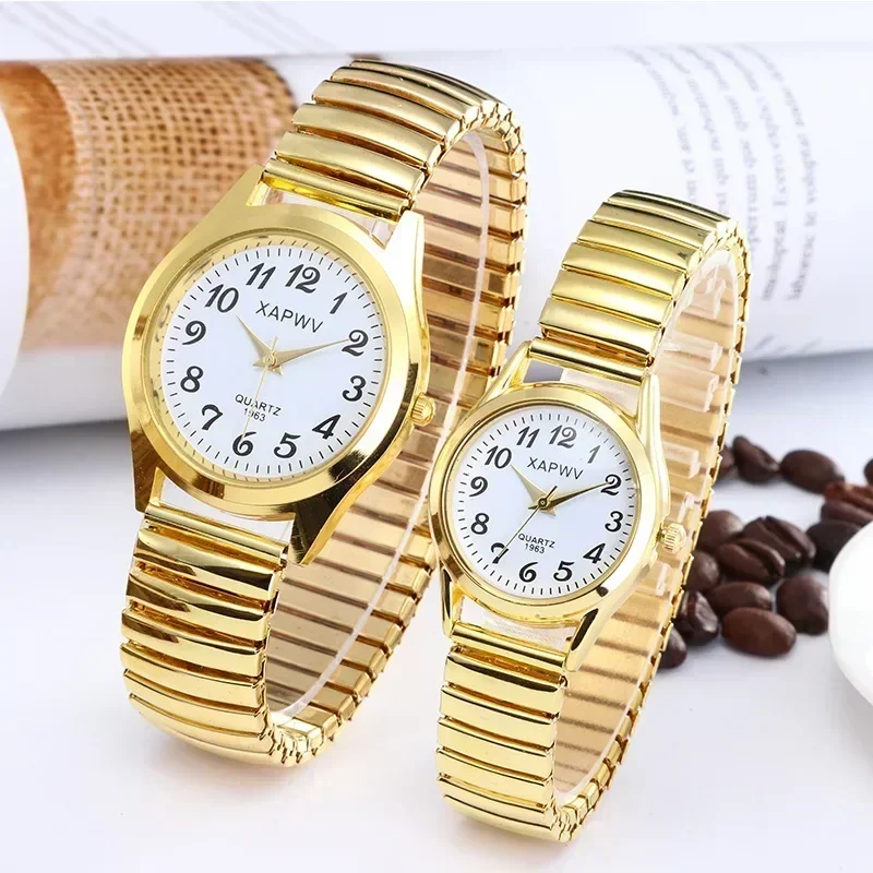 1PCs Classic Vintage Business Women Men Elastic Gold Sliver Quartz Watch Tide Lovers Couple Bracelet Watches Party Office Gifts 5