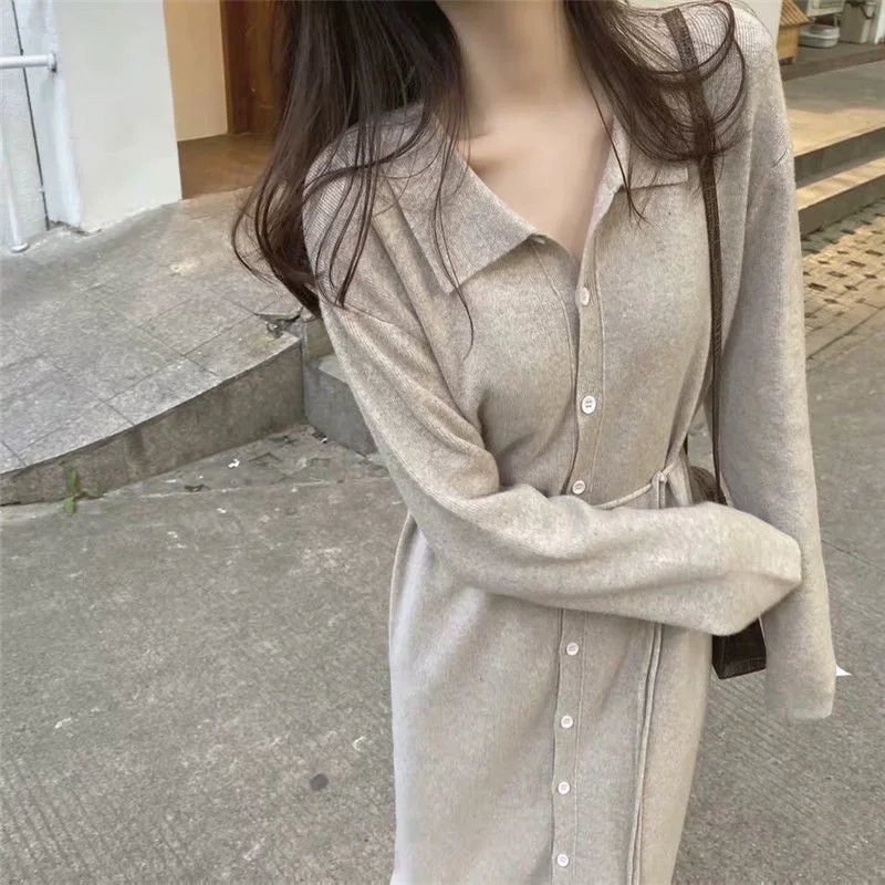 

Fashion Lapel Button Knitted Bandage Bow Midi Dress Women's Clothing 2023 Autumn New Oversized Solid Color Casual Dresses