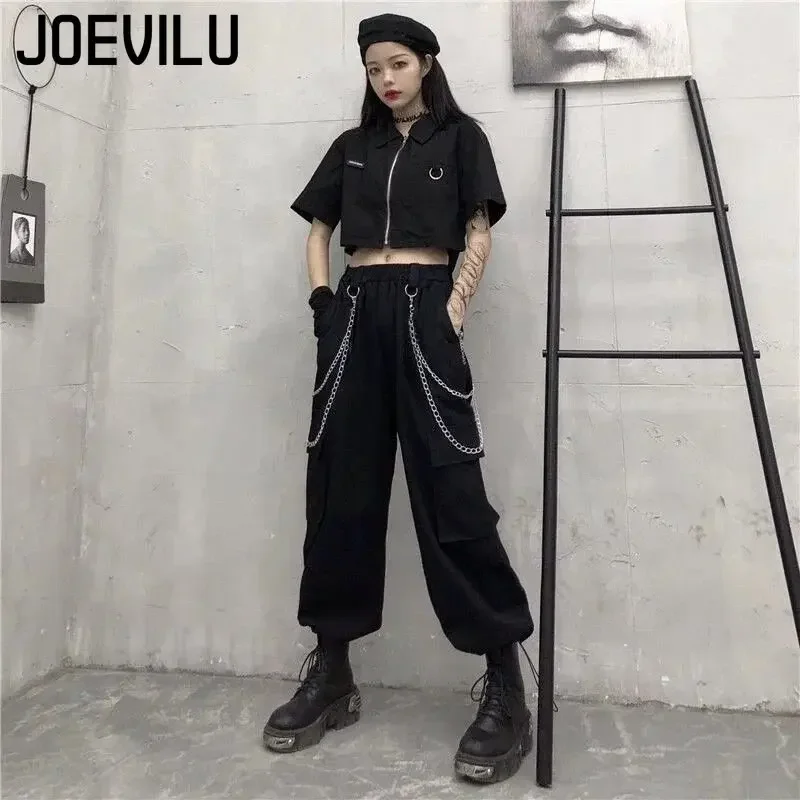 Cargo Pants Suit Short Sleeve Slim Shirt High Waist Chain Sweatpants Two Piece Sets Women's Summer Korean Hip-hop Gothic Outfits 4