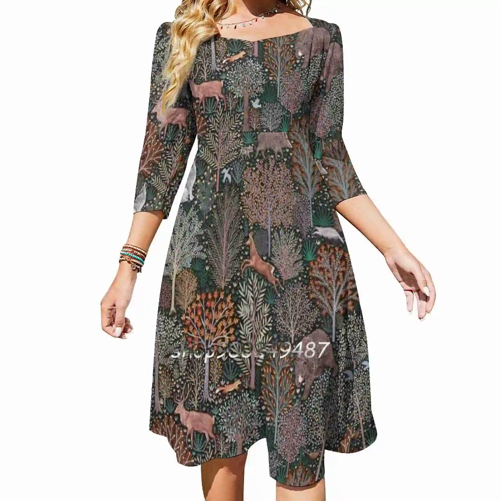 

Forest Animals-Les Animaux De La Fôret Square Neck Dress Sweet Summer Dress Women Elegant Halter Print Dress Forest Forest