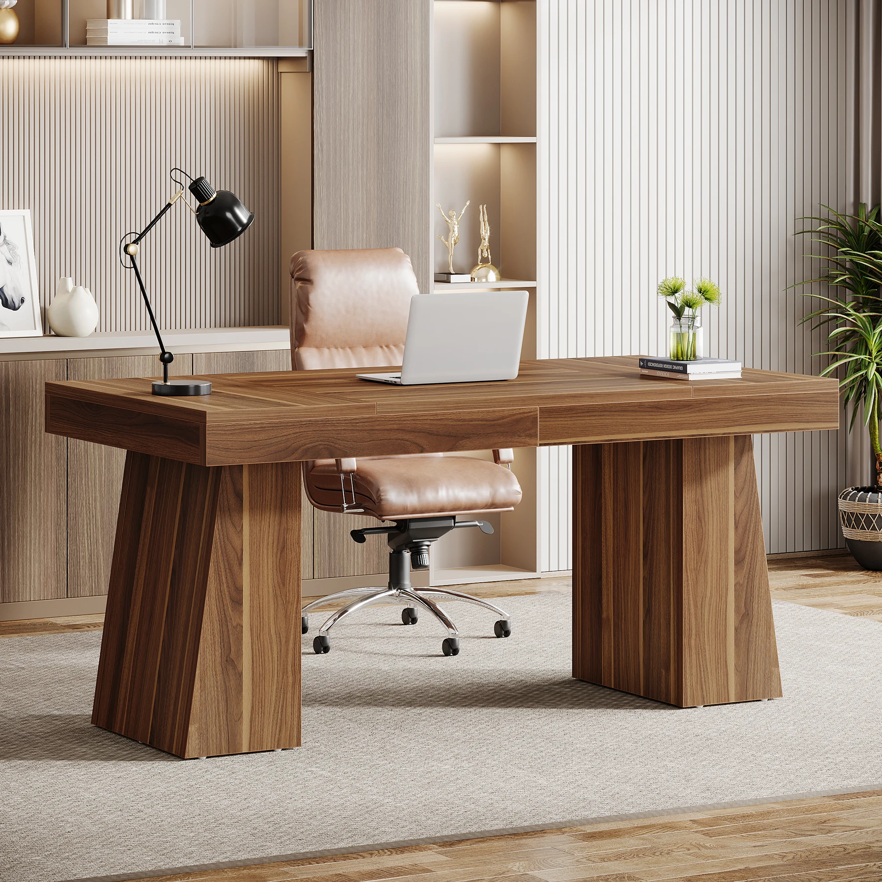 Tribesigns 55 Inches Executive Desk, Mid-Century Modern Home Office Desk with Double Trapezoid Base, Wood Computer Desk 4