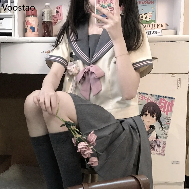 Japanese School Girl JK Uniform Women Kawaii Bow Blouses High Waist Mini Pleated Skirts Sets Girls Cute Sailor Uniform Costumes japanese school uniform japanese schoolgirl skirt